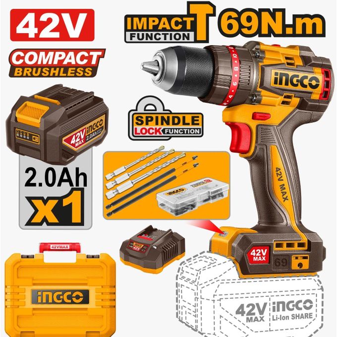 Ingco Perceuse à percussion 42V 69NM +1BAT2AH +Chargeur +MLTT   CIDLI426981-1