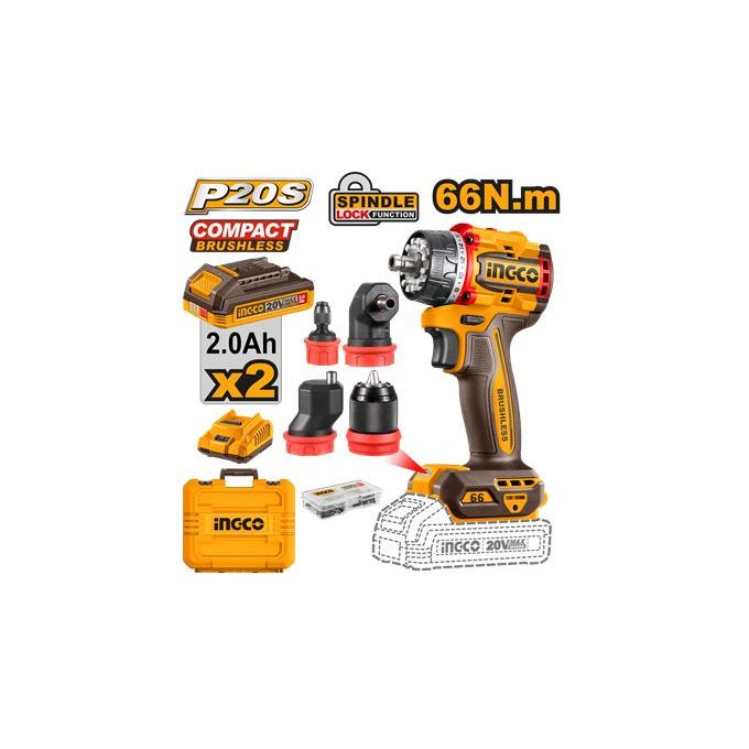 Ingco perceuse visseuse sans fil a tete multiple 20v/66nm+2bat2ah+charg+mltt cdli206686-1