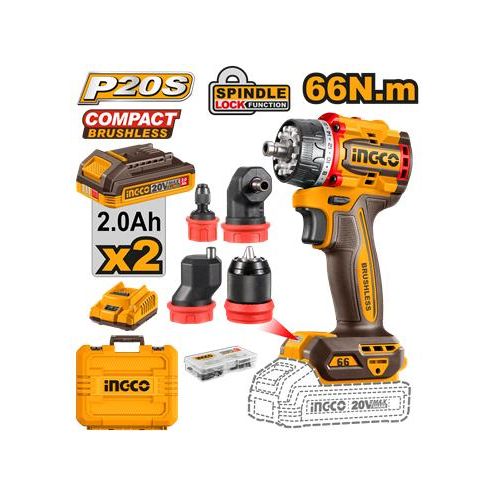 Ingco perceuse visseuse sans fil a tete multiple 20v/66nm+2bat2ah+charg+mltt cdli206686
