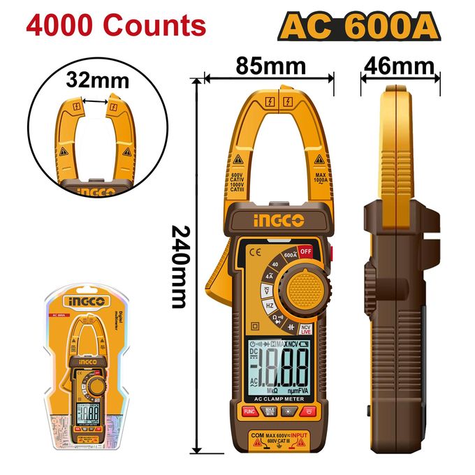 Ingco Pince ampèremétrique digitale AC 600A/4000C     DCM66001-1