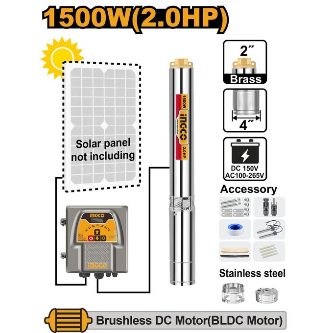Ingco POMPE IMMERGEE SOLAIRE 4"1500W/2HP pour forage et puit DWPAD150061-1