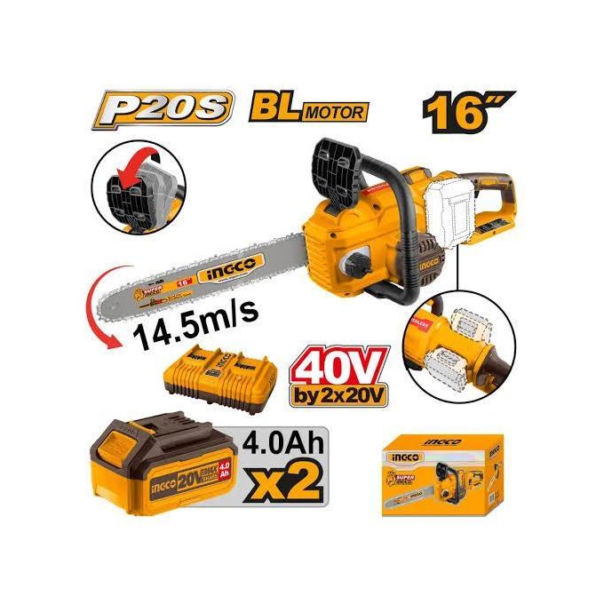 Ingco scie a chaine tronconneuse sans fils 40v/16"+2bat 4ah+charg cgsli401682-1