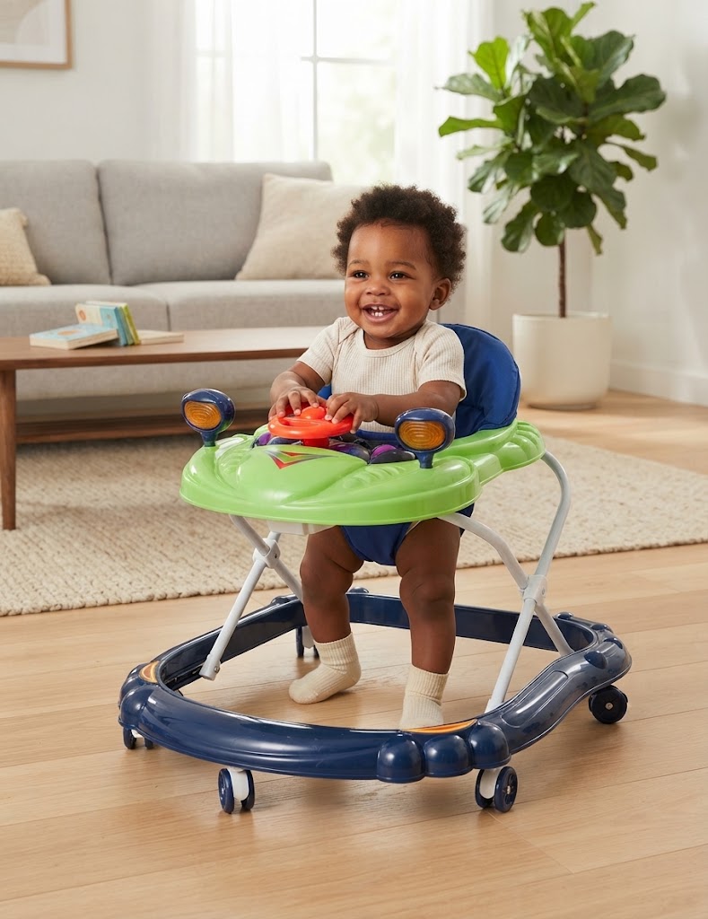 Marche bébé/trotteur pour bébé, lumière, vibrateur avec musique, roues pour enfants - Bleu/vert