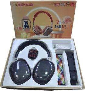 Montre connectée P9 avec casque audio Series 9, écouteurs sans fil Bluetooth et câble de chargement USB.
