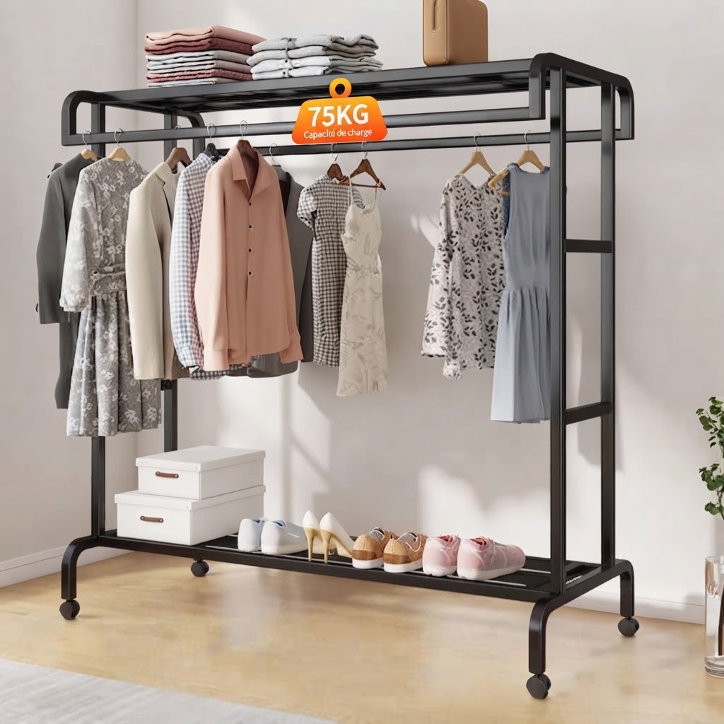Portant à vêtements métallique avec étagères – Charge maximale 75 kg
