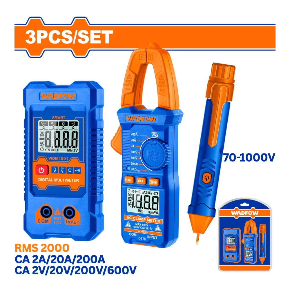WADFOW Kit électricien 3pcs pince ampèrmétrique + multimètre + détecteur de tension