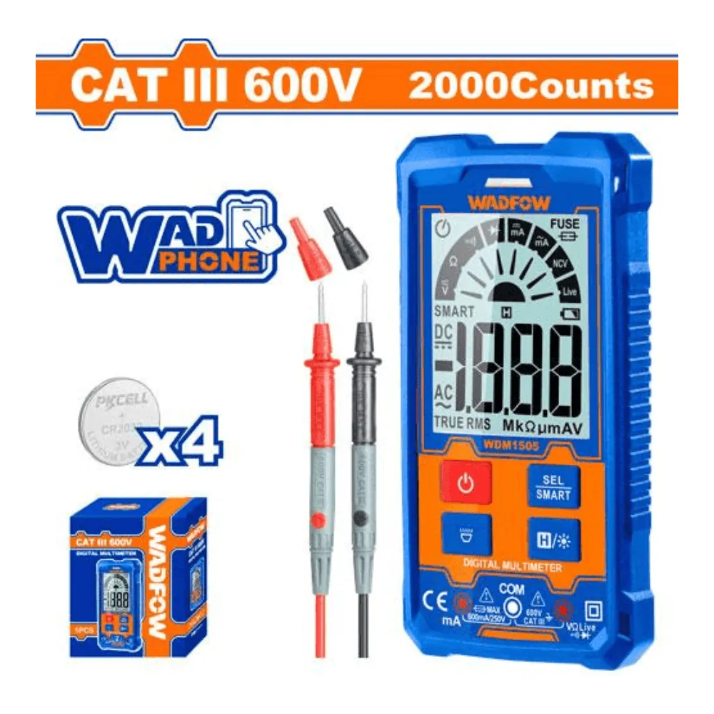 WADFOW Multimètre digital 600V-2000C AC/DC 4 piles CR2032
