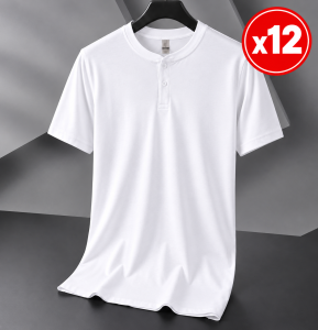 12 t-shirt à manches courtes style col Henley - Blanc