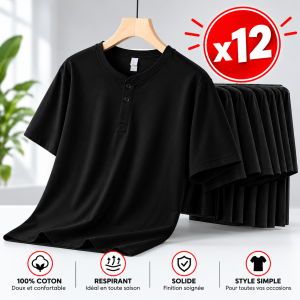 12 t-shirt à manches courtes style col Henley - Noir