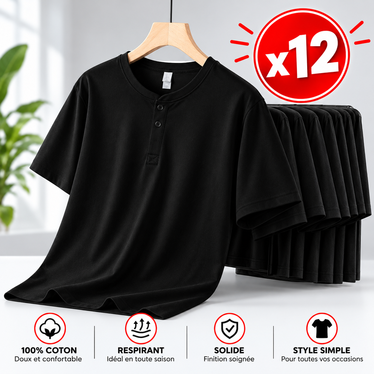 12 t-shirt à manches courtes style col Henley - Noir