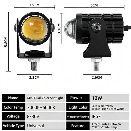 2 Pièces Mini Projecteur LED Bicolore, Phare Moto Universel 8-80V Étanche IP67, Lumière Jaune et Blanche pour Voiture et Camion-1
