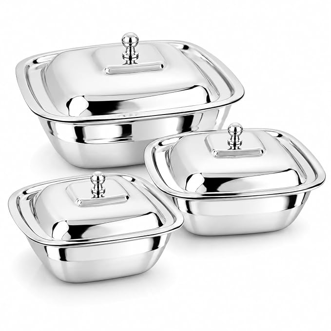 Bols de service carrés en acier inoxydable UVIR avec couvercles, bols de service de qualité alimentaire pour dal, légumes, riz, curry, salade et fruits, 380 ml, 550 ml et 750 ml, lot de 3