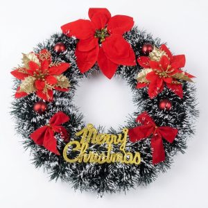Couronne de Noël verte avec effet neige et ornements rouges 30 cm | Décoration de porte extérieure pour la maison