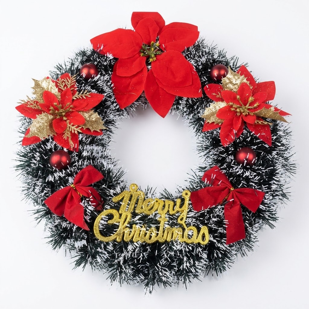Couronne de Noël verte avec effet neige et ornements rouges 30 cm | Décoration de porte extérieure pour la maison