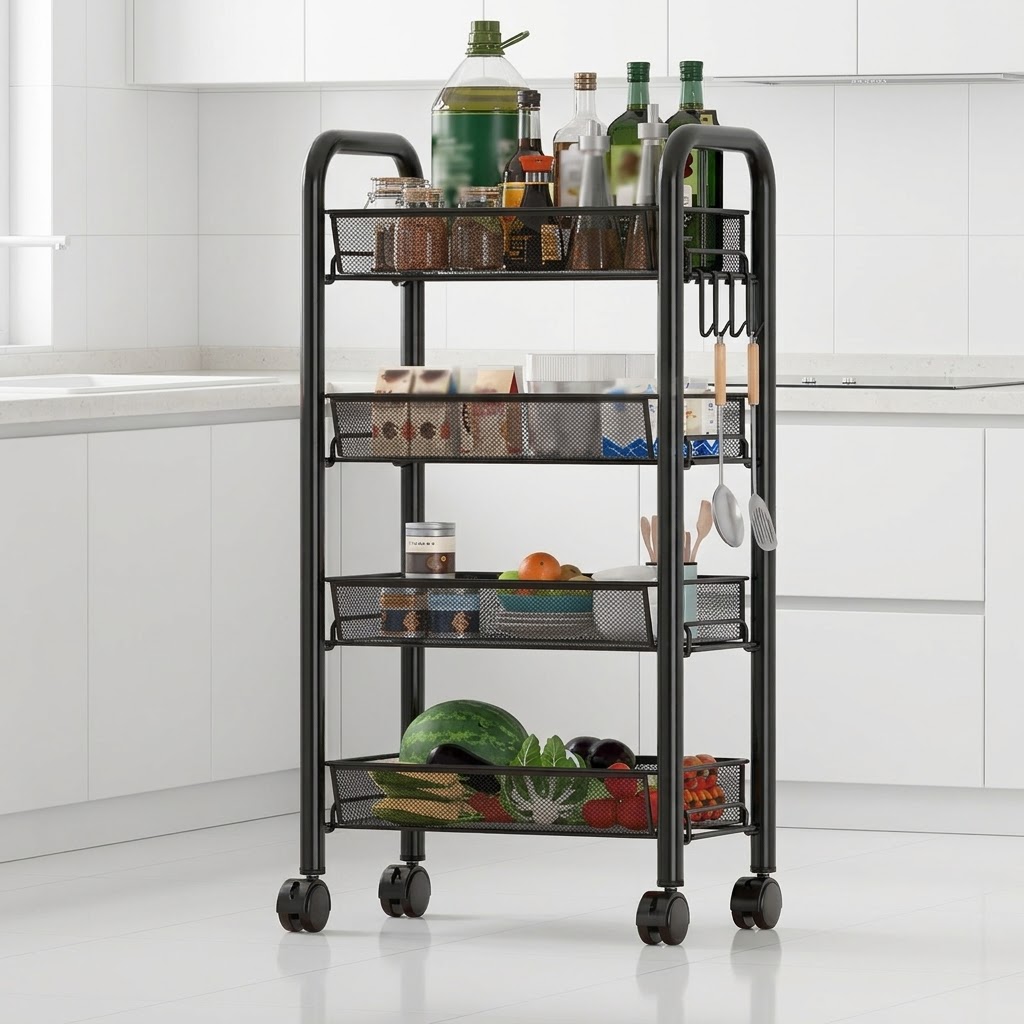 Desserte de Cuisine à Roulettes 4 Niveaux - Chariot de Rangement Multifonctionnel en Métal avec Paniers et Crochets - Organisateur Idéal pour Cuisine, Salon ou Salle de Bain