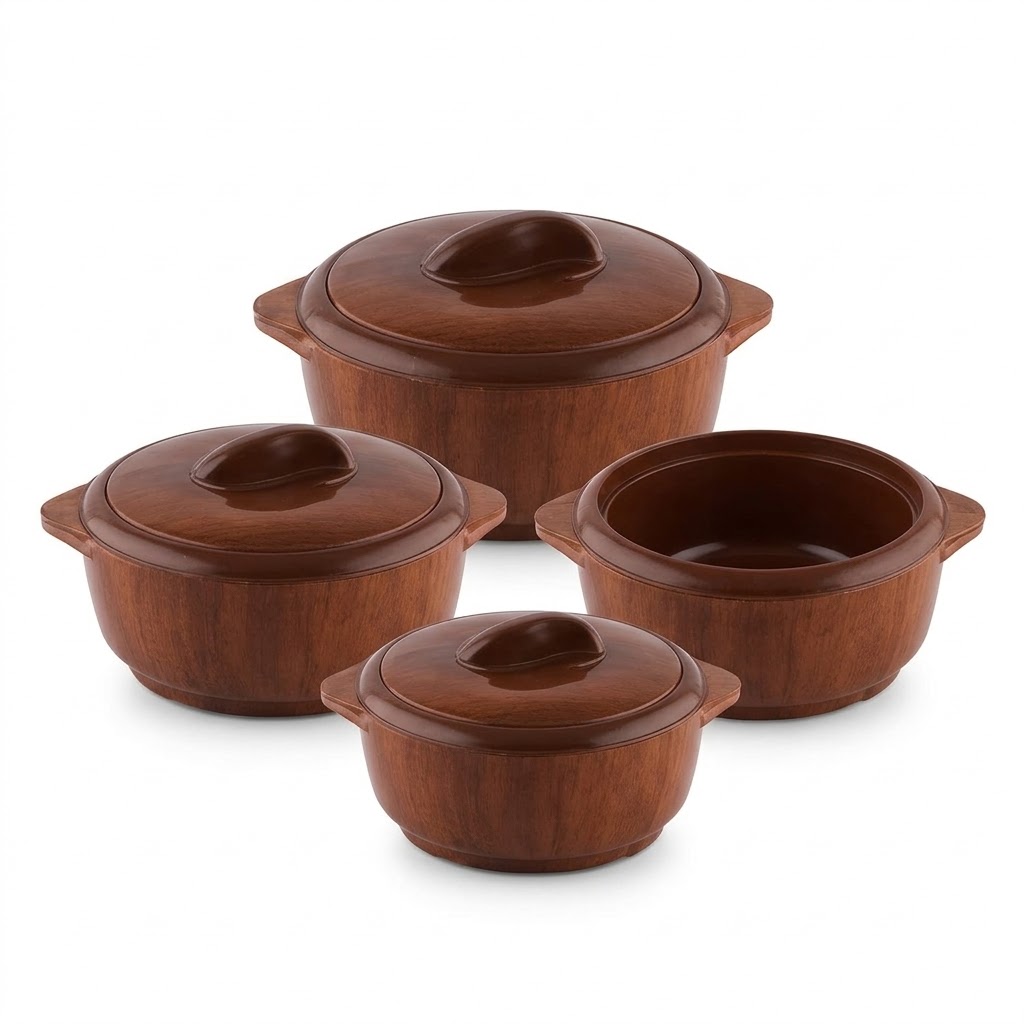 Ensemble de 4 casseroles isothermes en plastique imitation bois, 3 L, couleur marron, avec couvercles à verrouillage rotatif, compatible
