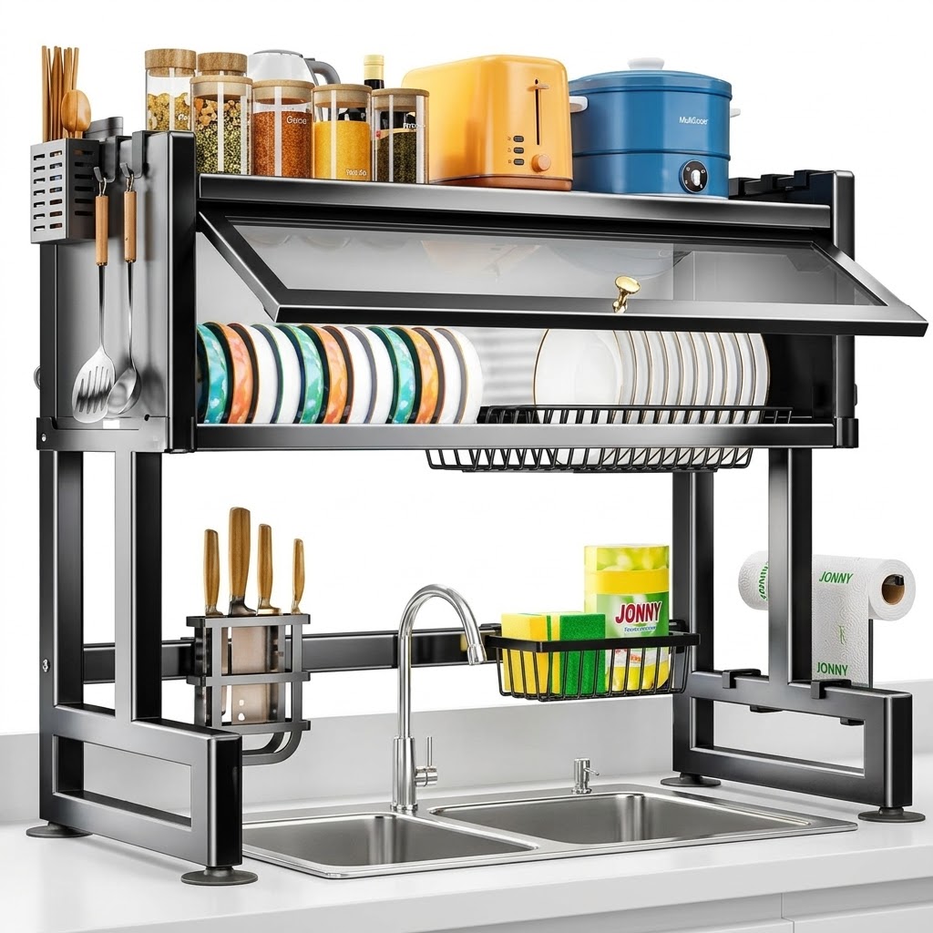 Étagère de Cuisine au Dessus de l'Évier avec Porte-Vaisselle, Vitre de Protection et Rangement Intégré – Noir Élégant