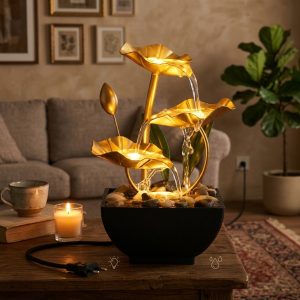 Fontaine d'Intérieur Décorative Design "Feuilles de Lotus" Dorées – Cascade Zen Lumineuse avec Pompe Électrique pour Maison et Bureau