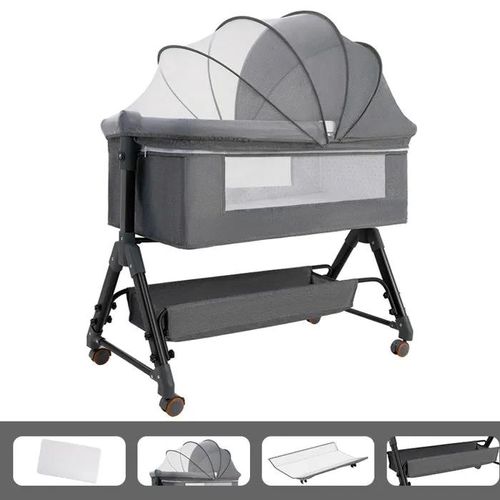 Lit Bébé Berceau Cododo pour Bébé 0-36 Mois, Hauteur Réglable Lit Cododo avec Matelas, Panier de Rangement, Table à Langer - Gris