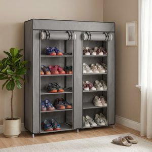 Meuble / Armoire à Chaussures en Tissu à 2 Portes et 6 Niveaux avec Housse de Protection - Gris