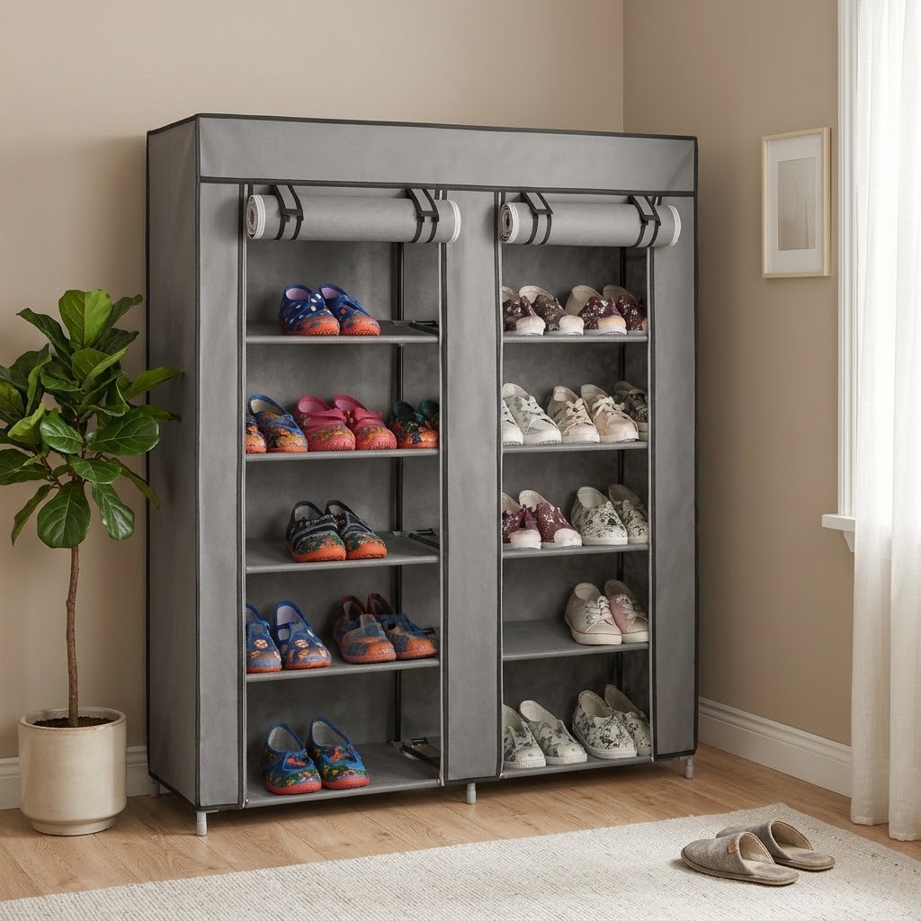 Meuble / Armoire à Chaussures en Tissu à 2 Portes et 6 Niveaux avec Housse de Protection - Gris