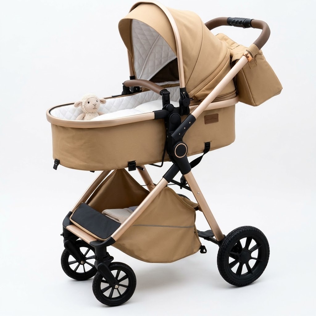 Poussette Pliable Bébé Multi-Positions - Panier de Rangement - Châssis Doré Haute Qualité - Beige/Kaki