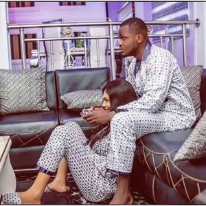 Pyjamas Couple Homme &amp; Femme En Coton/satin - Bleu/blanc