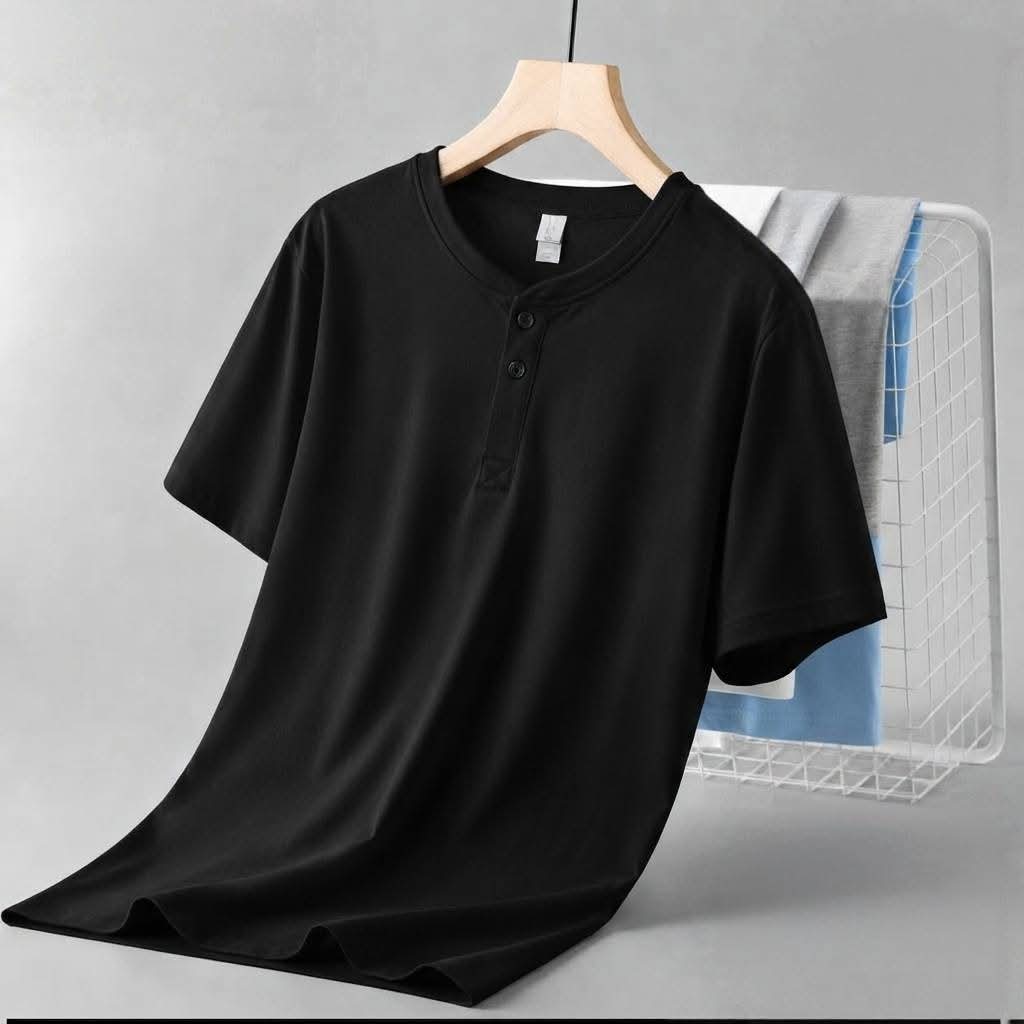 t-shirt à manches courtes style col Henley - Noir