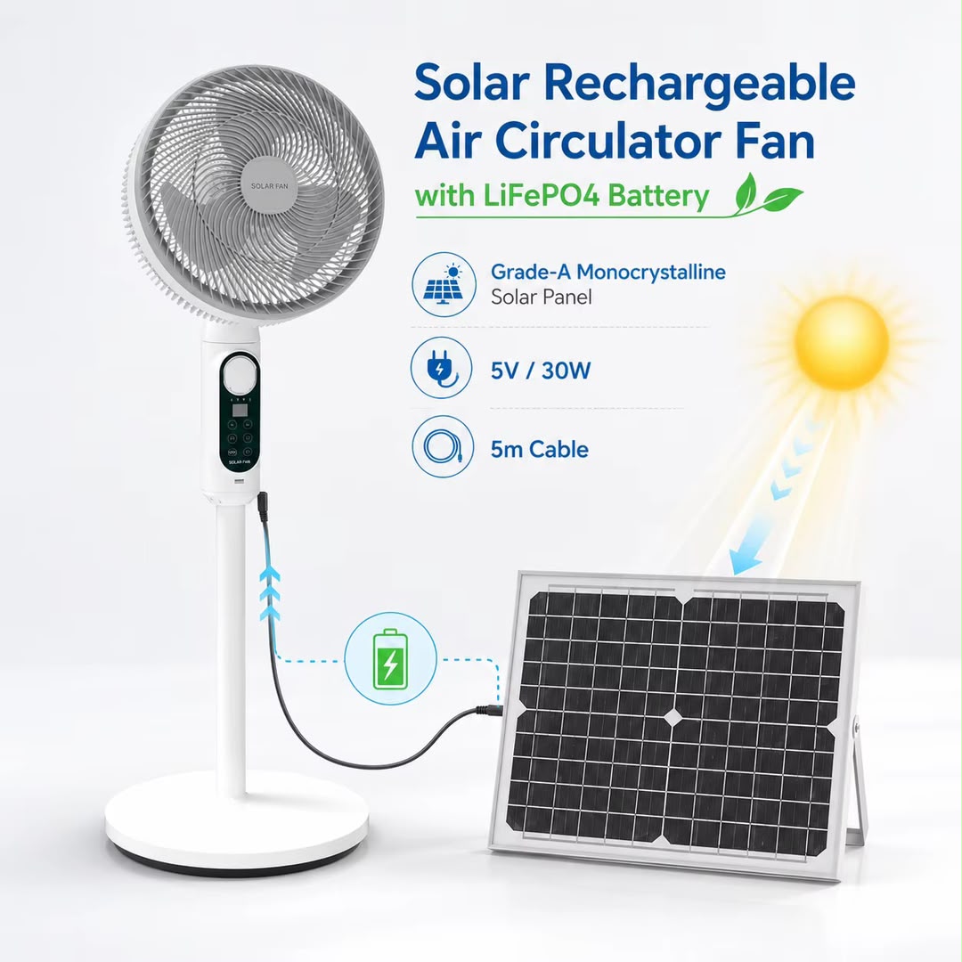 Ventilateur rechargeable Solaire Rotation 180 dégrés Avec panneau solaire  - Telecommandé