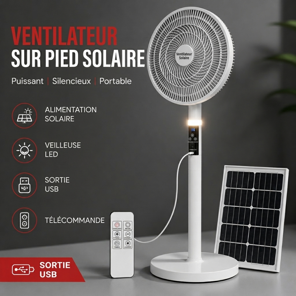 Ventilateur solaire rechargeable Avec panneau solaire - 16'' - Télécommande
