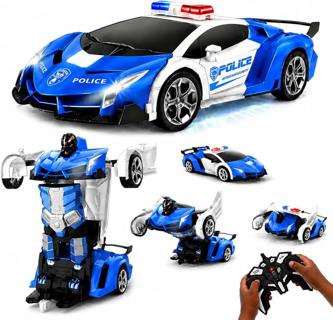 voiture de police télécommandée 2,4 GHz, transformation automatique en une touche, double batterie